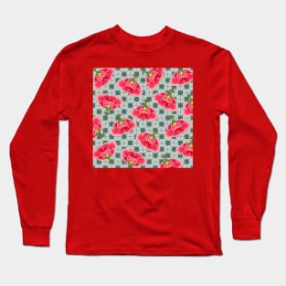 Chinese Vintage Pink and Red Flowers with Forest Green Tile - Hong Kong Traditional Floral Pattern Long Sleeve T-Shirt